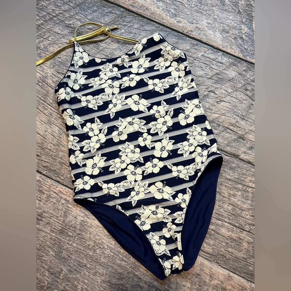 Tommy Bahama Floral Navy and Cream reversible one piece swim suit, XS